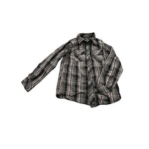 DKNY Shirt Womens Sz Medium Black White Western Plaid Long Sleeve‎ Metal Buttons